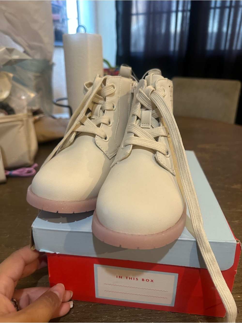 Cat & Jack Cream Lace-Up Boots with Pink Sole